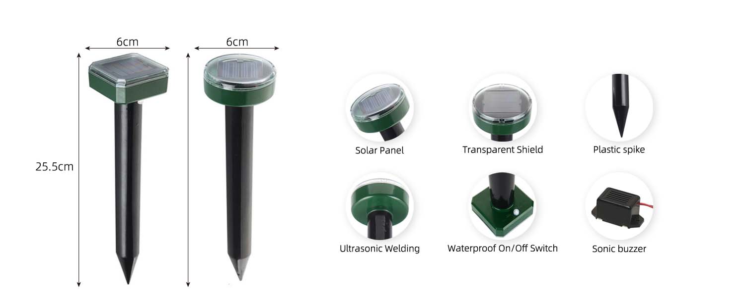 waterproof solar mole repellent stakes ultrasonic gopher repeller spikes